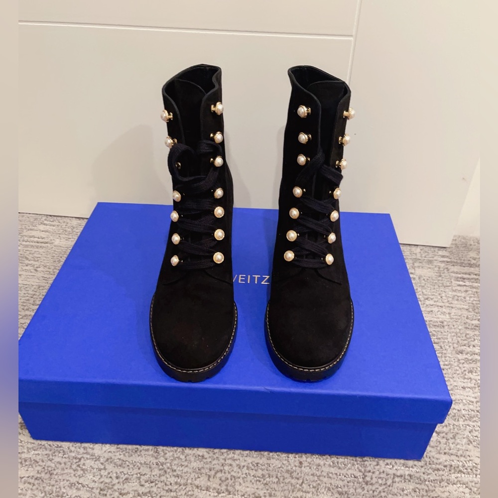 Stuart Weitzman Ivey Suede Combat Lace Up Boots in Black with pearl detailing